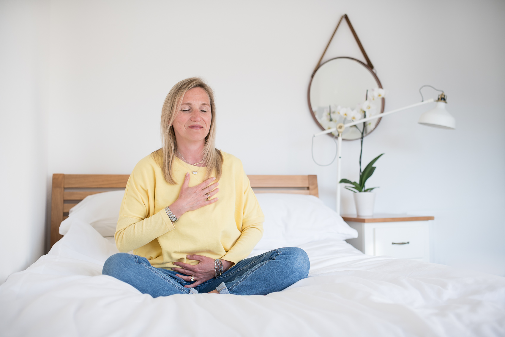 Annabel sitting in mindful breath retraining practice