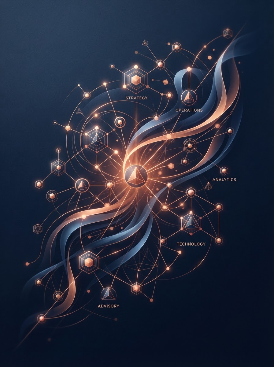 Abstract illustration of interconnected business systems in navy and copper