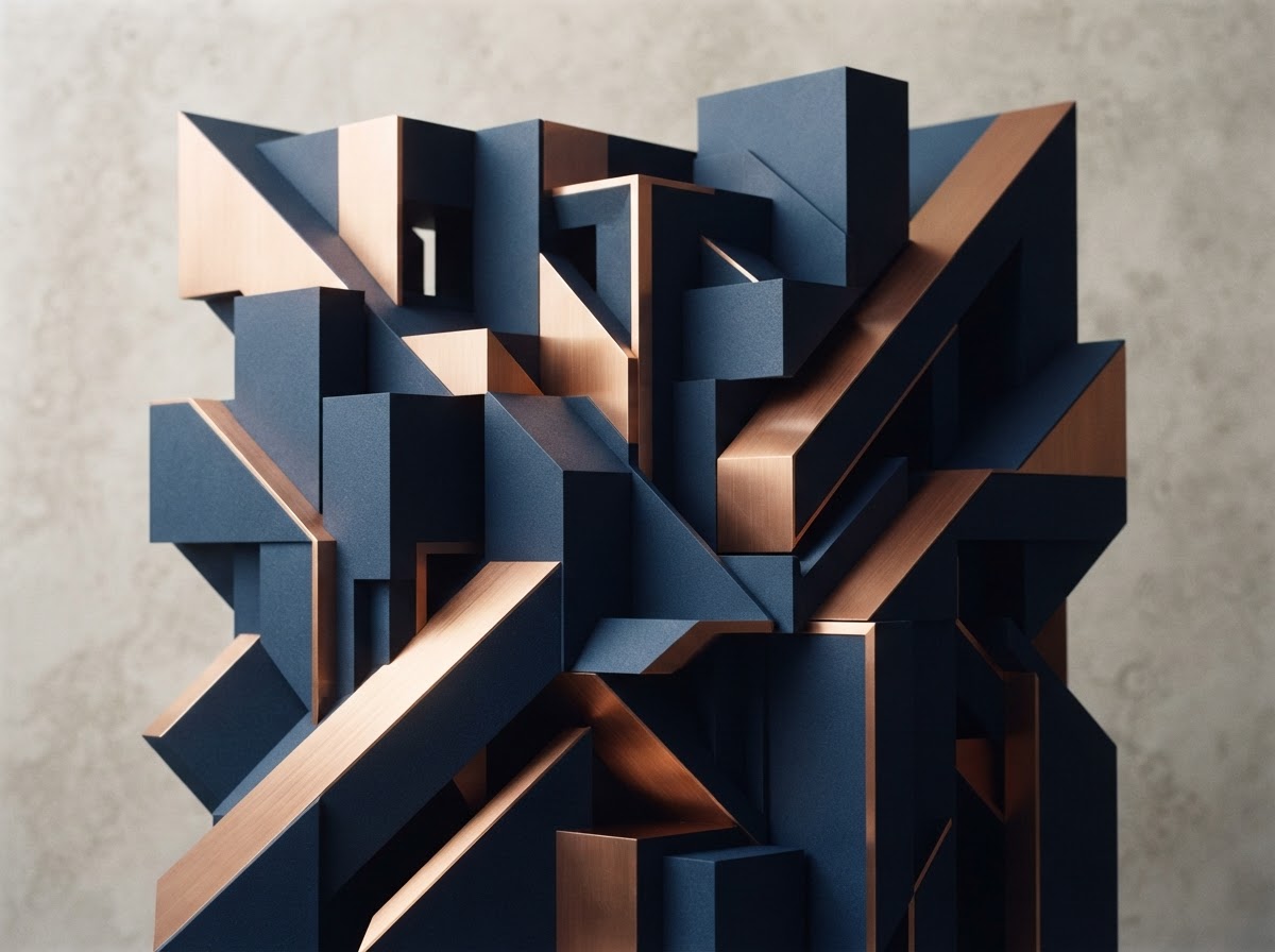 Abstract architectural composition in navy and copper representing structure and clarity