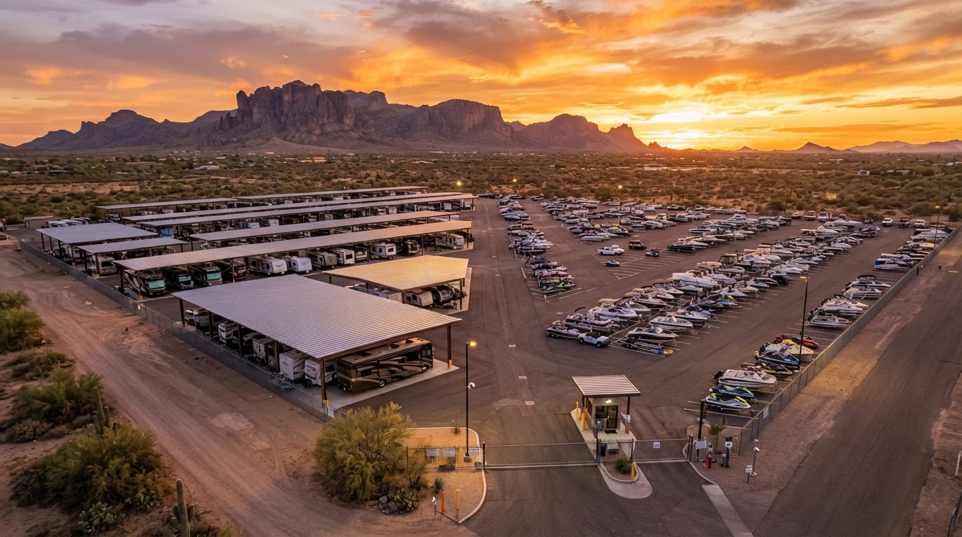 McQueen RV & Boat Storage lot at golden hour with covered canopy parking and uncovered open-air spaces for RVs, motorhomes, and boats, desert mountains under a glowing sunset