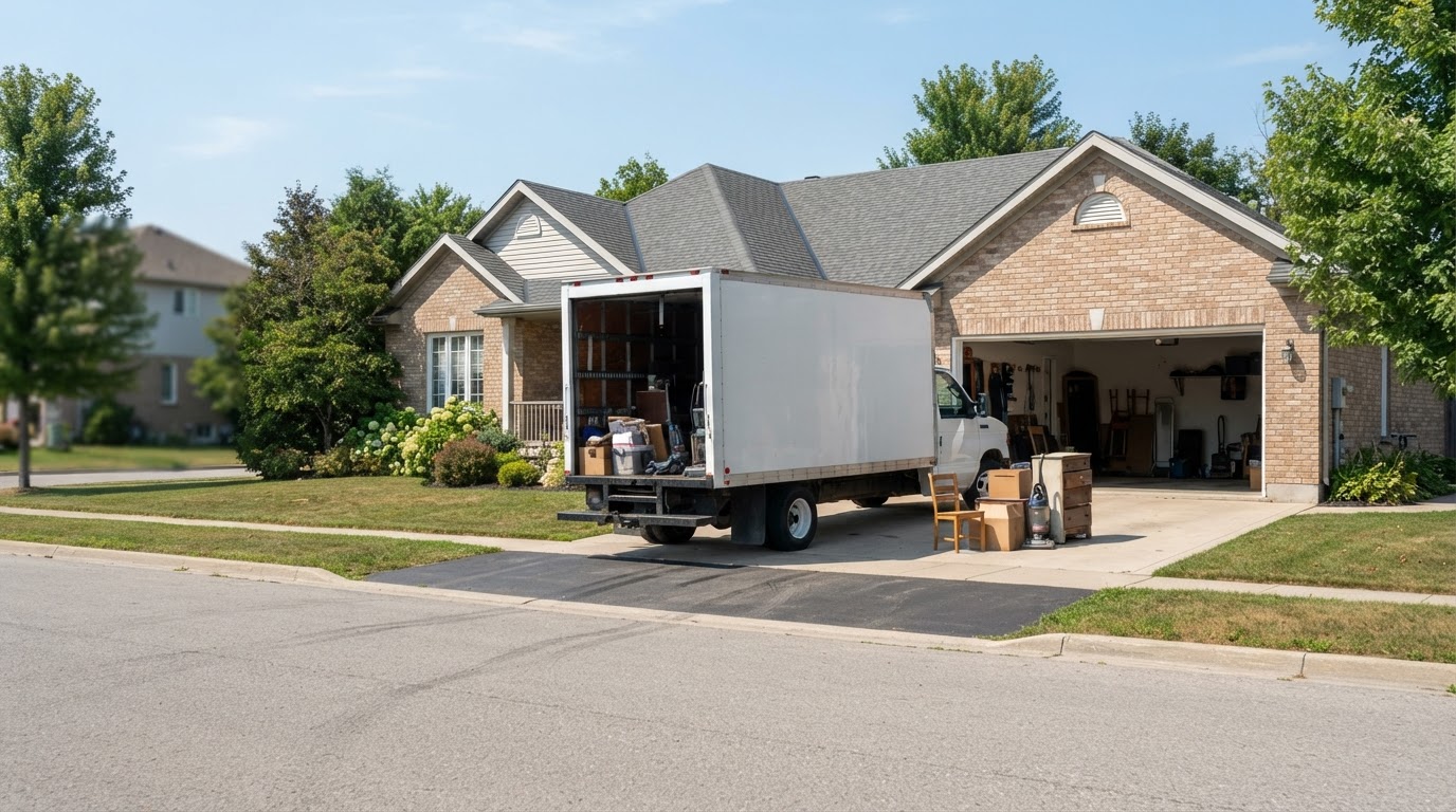 Unmarked white box truck parked at the end of a residential driveway with a clean open garage