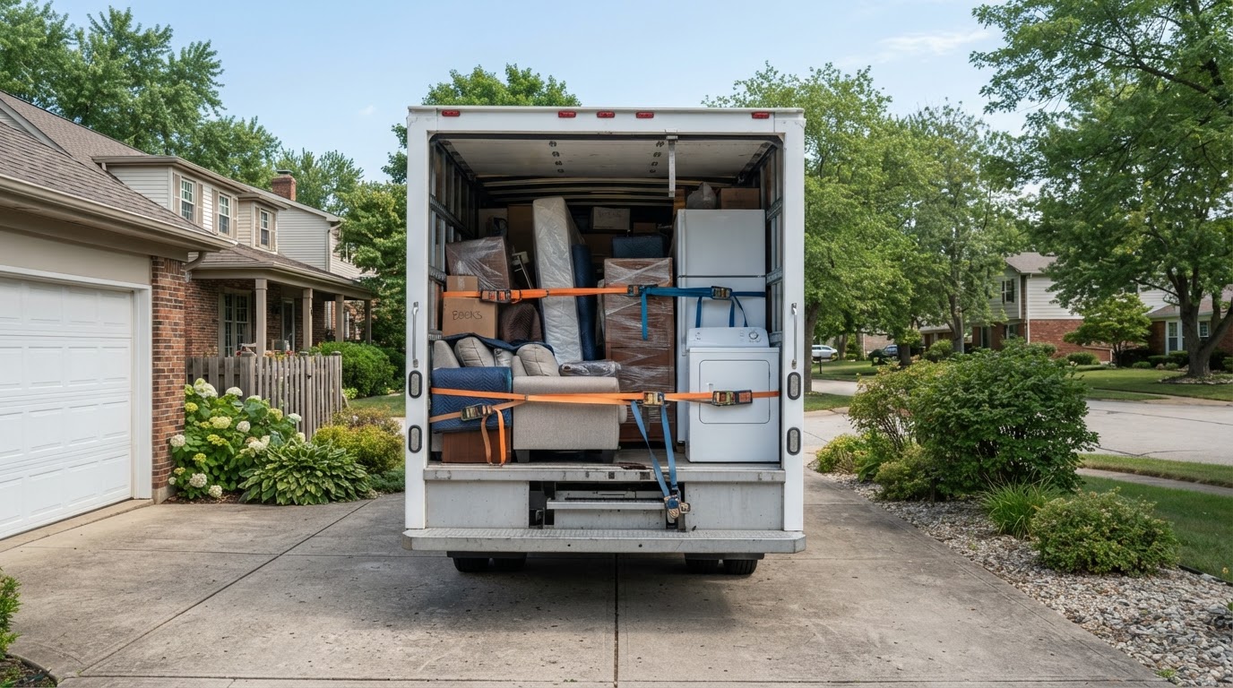 Unmarked white box truck with rear cargo open showing neatly loaded furniture and appliances