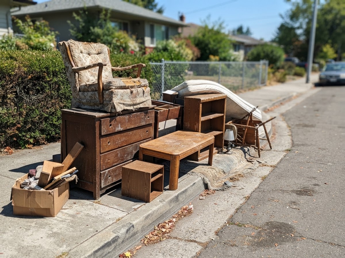 Stack of old furniture at a curb ready for haul away