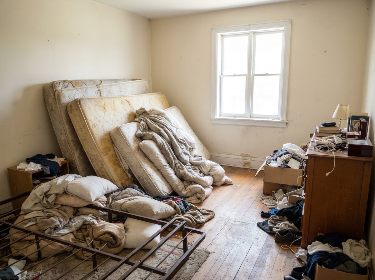 Mattress Removal before — cluttered space before the haul away