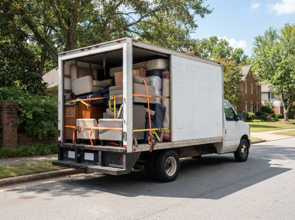 White unmarked box truck loaded with strapped-down furniture