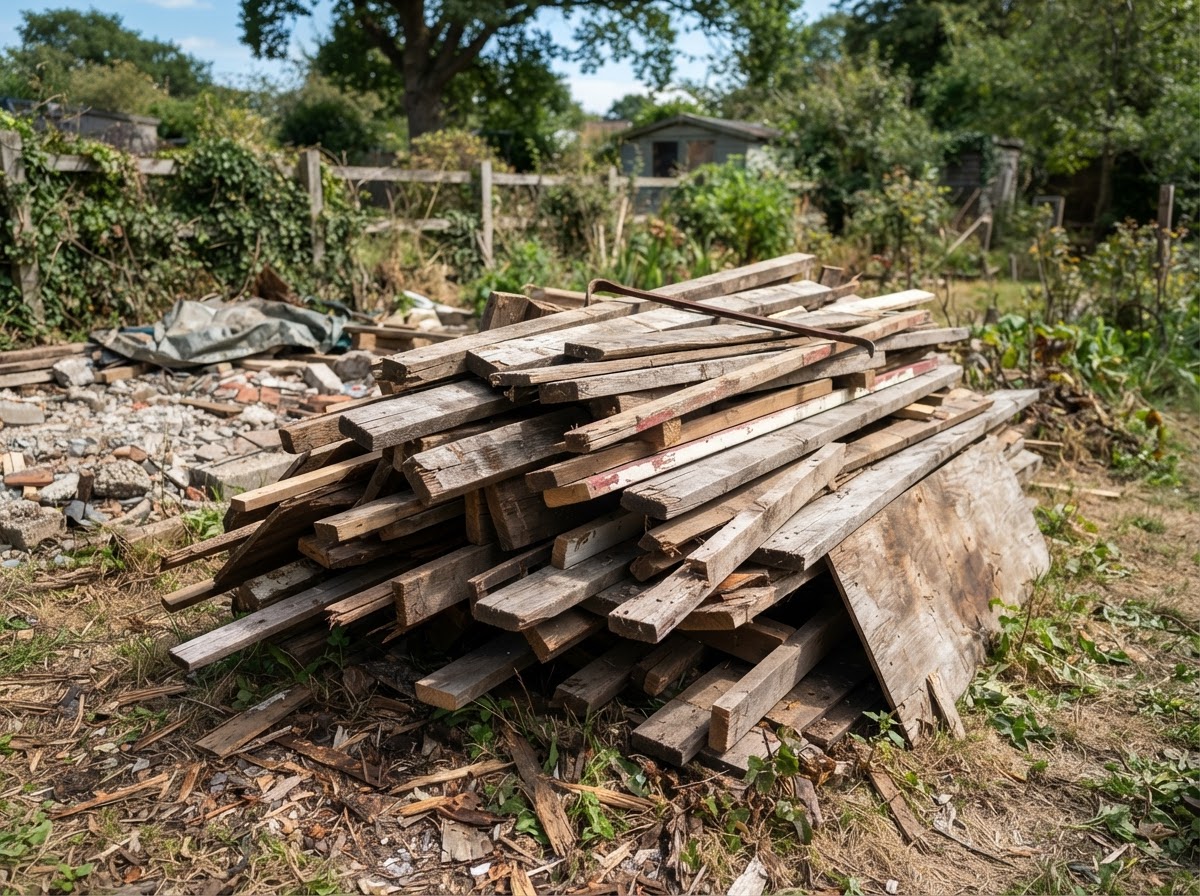 Pile of lumber from a torn-down shed in a yard