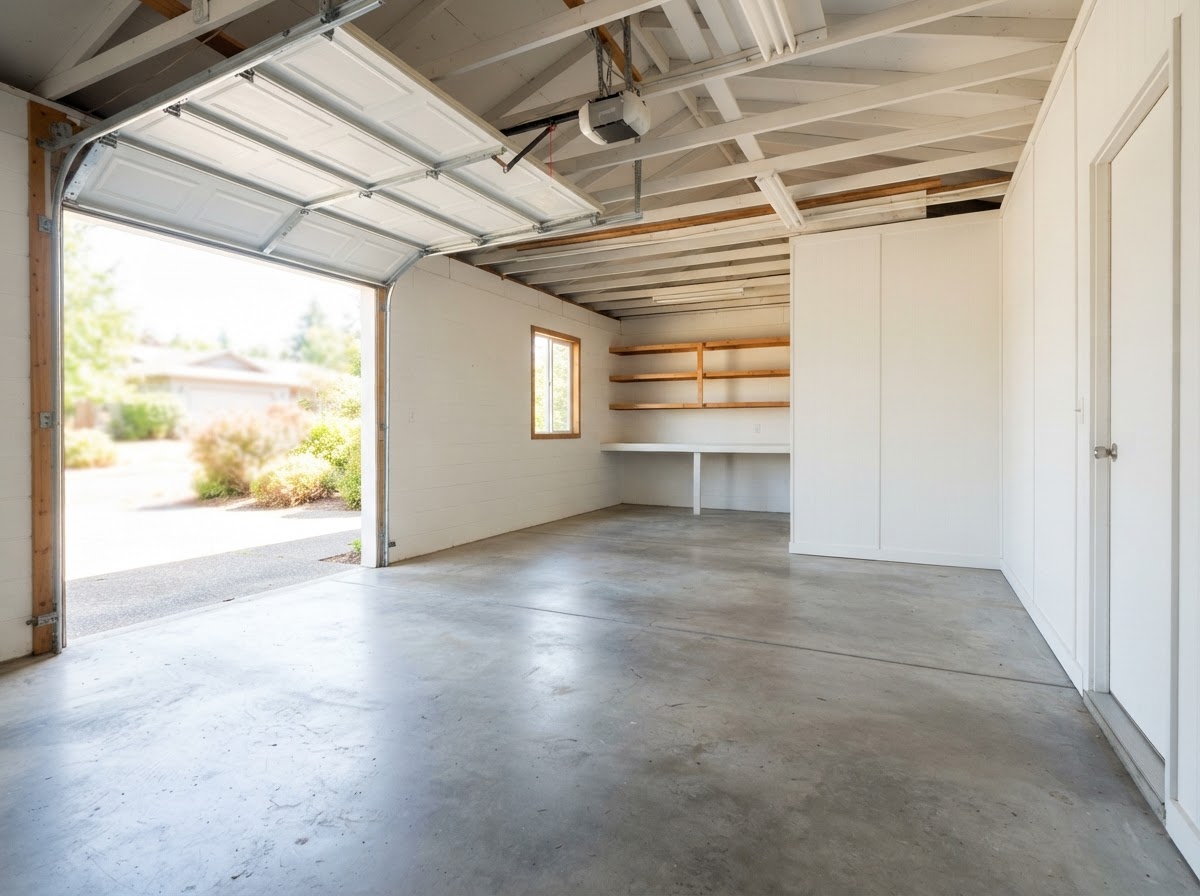 Freshly cleared and swept garage after junk removal