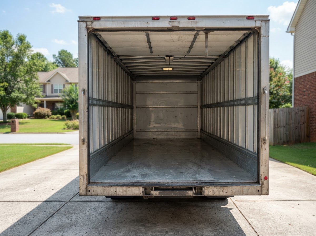 Empty open box truck cargo area in a driveway after unloading