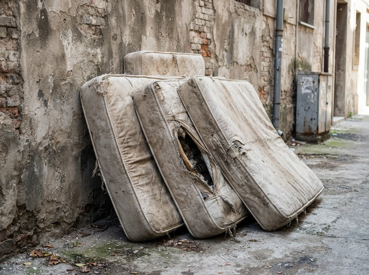 Old mattresses leaning against a wall for removal