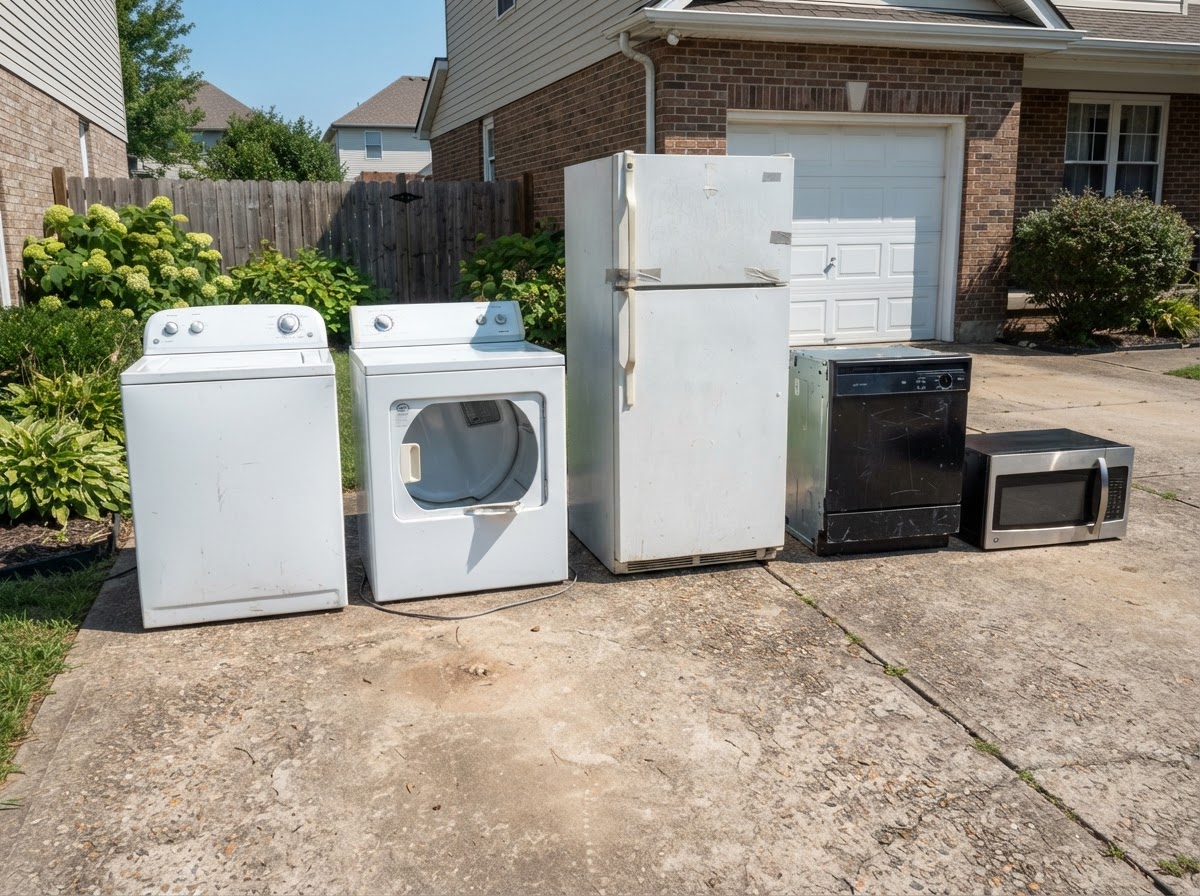 Row of removed household appliances on a driveway
