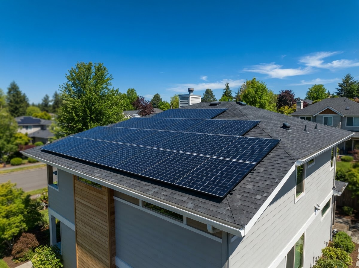 Modern solar panels installed on a clean residential rooftop under a bright blue sky