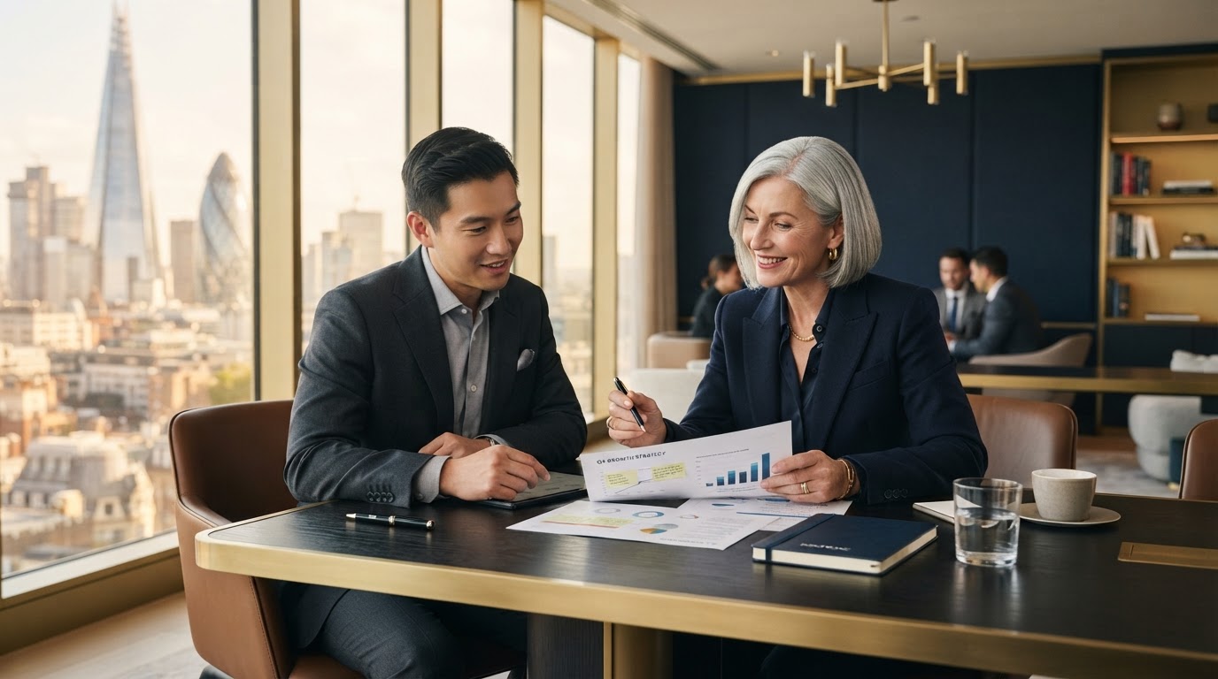 UBATT consultants reviewing business strategy in a modern office