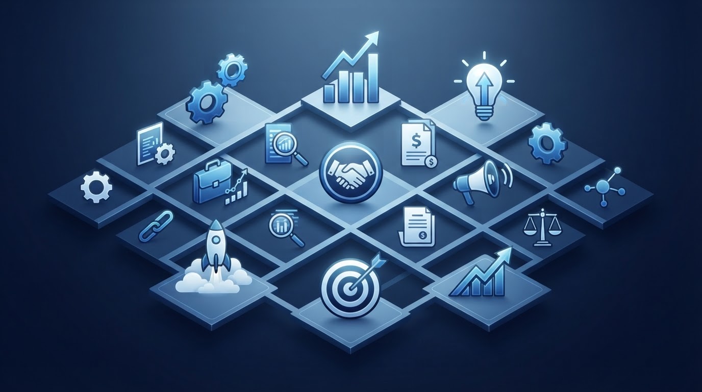 Abstract isometric illustration of business consulting service disciplines