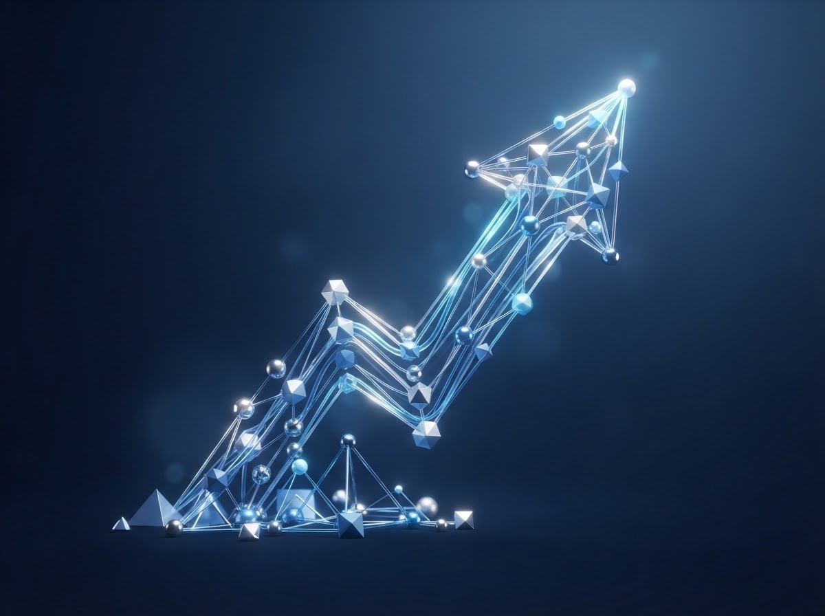 Abstract upward growth arrow formed by interconnected nodes