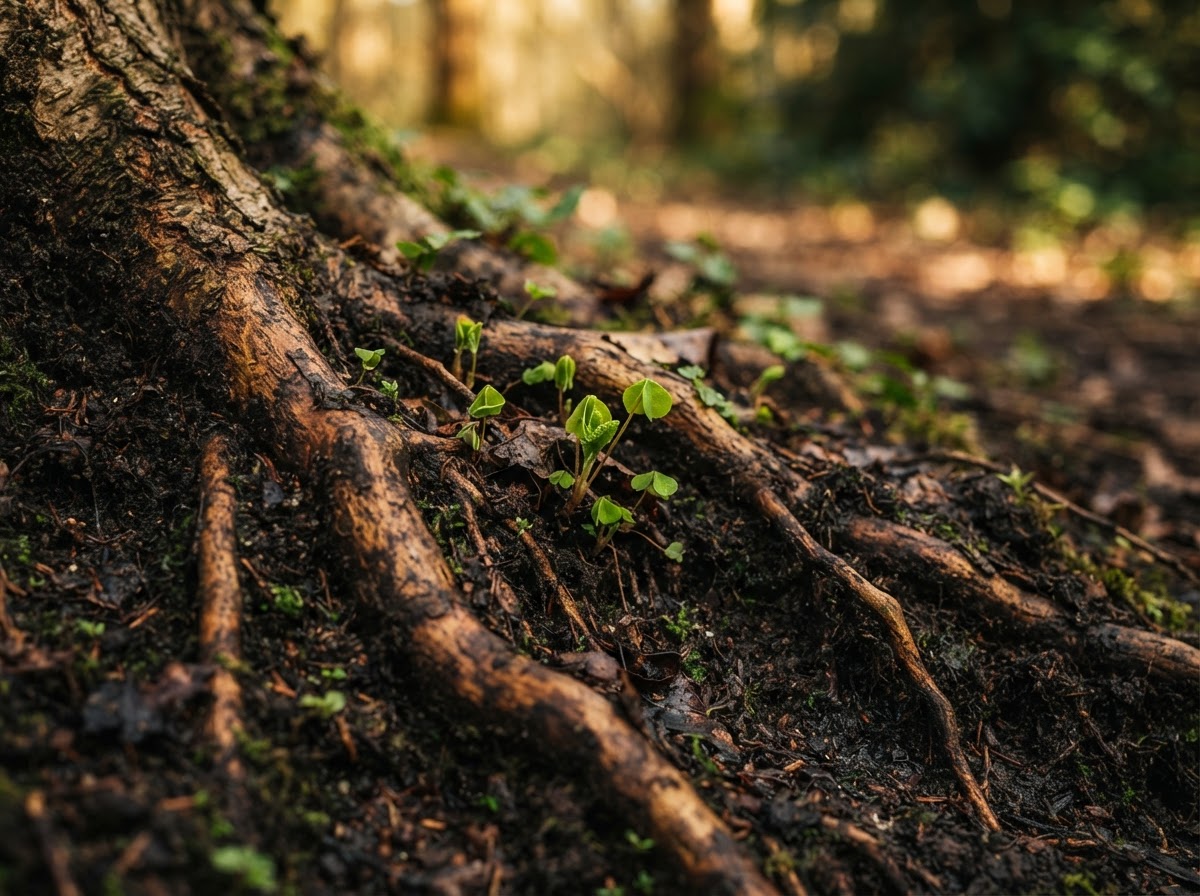 Tree roots growing into rich soil with new green shoots