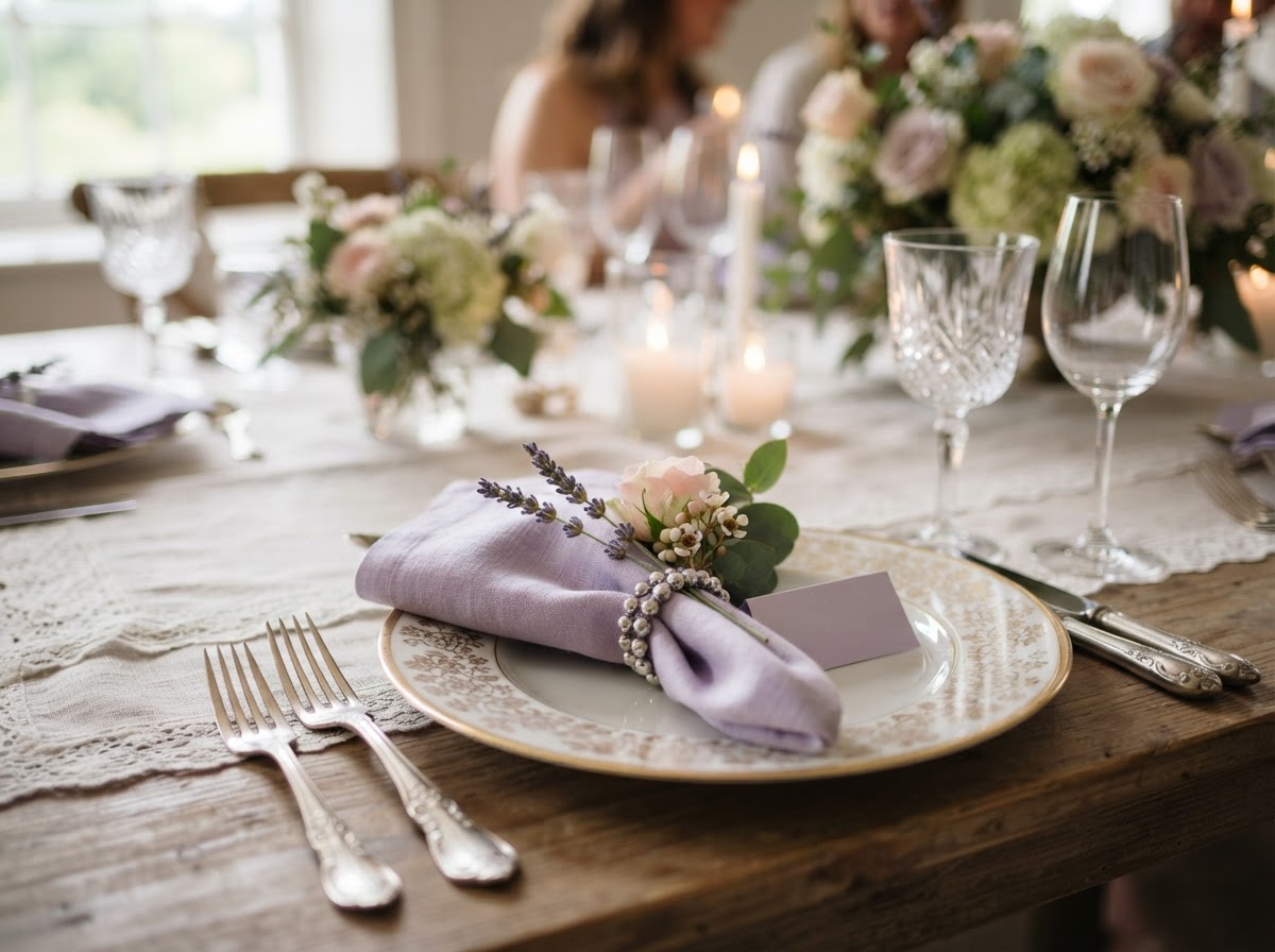 Refined place setting detail with lavender napkin and silver ring