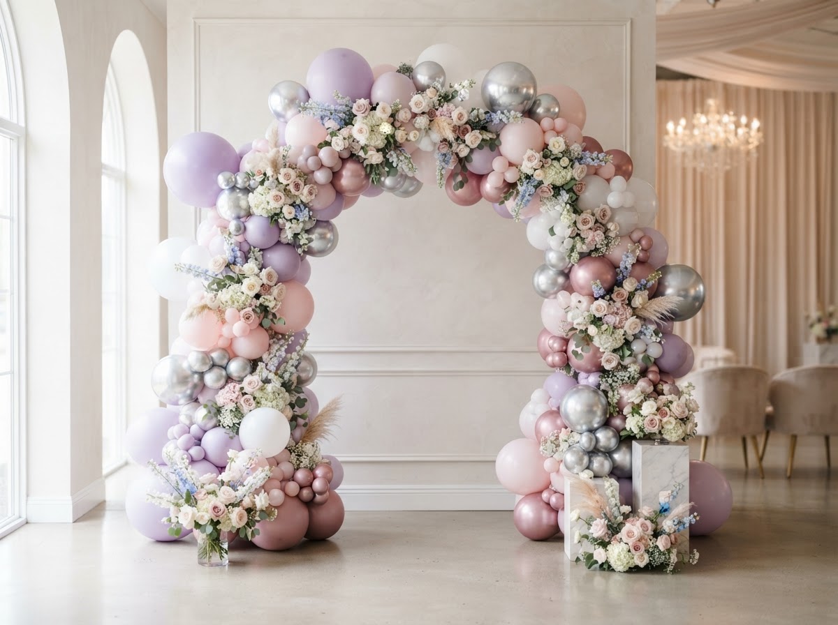 Pastel lavender and silver balloon installation arch with floral accents