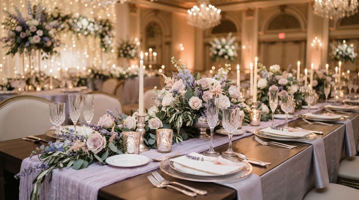 Elegant lavender and silver wedding tablescape with florals and candlelight