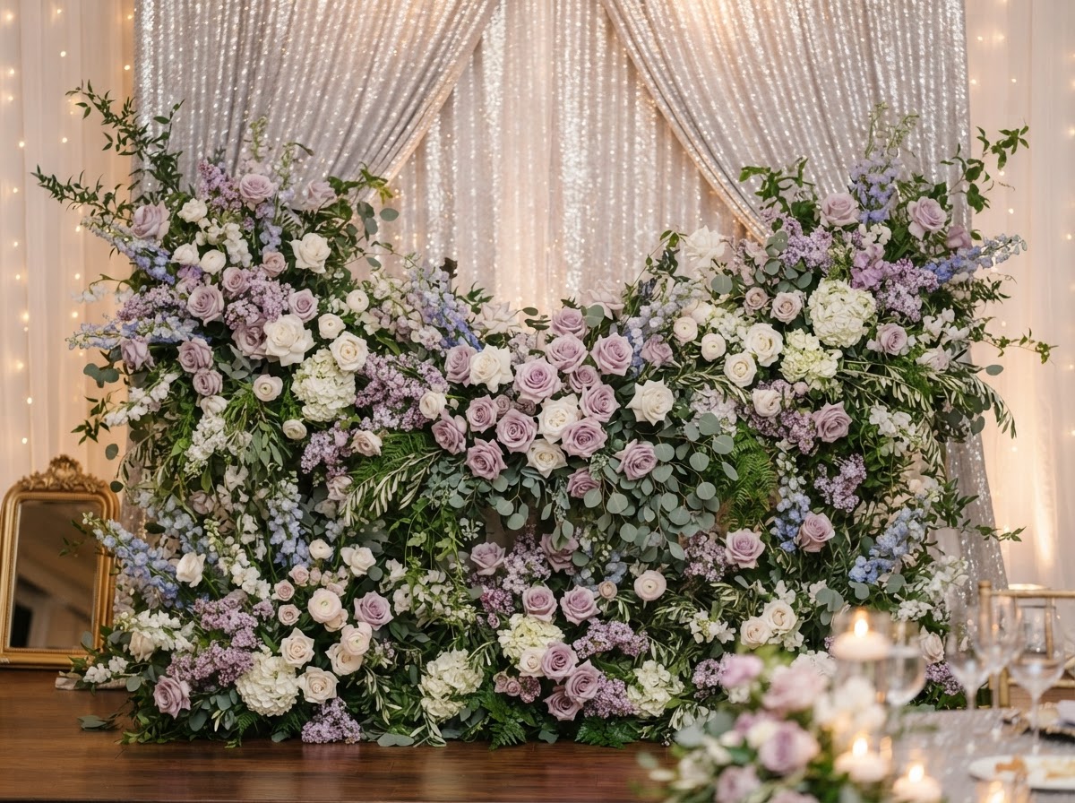 Romantic floral backdrop wall in lavender and white roses