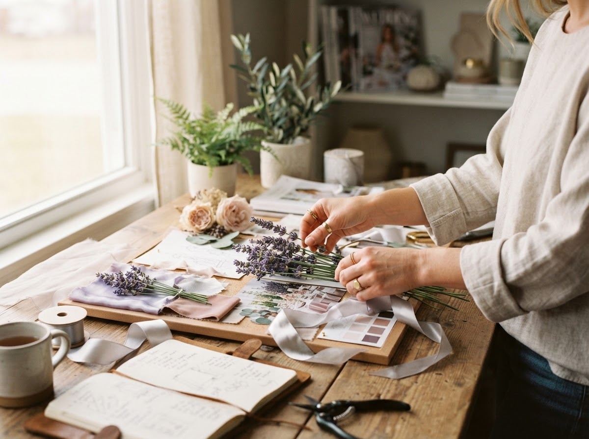 Jas styling an event with lavender sprigs and silver ribbon