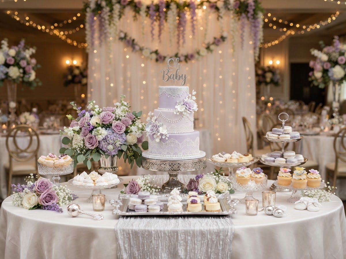 Elegant styled dessert and cake table for a baby shower