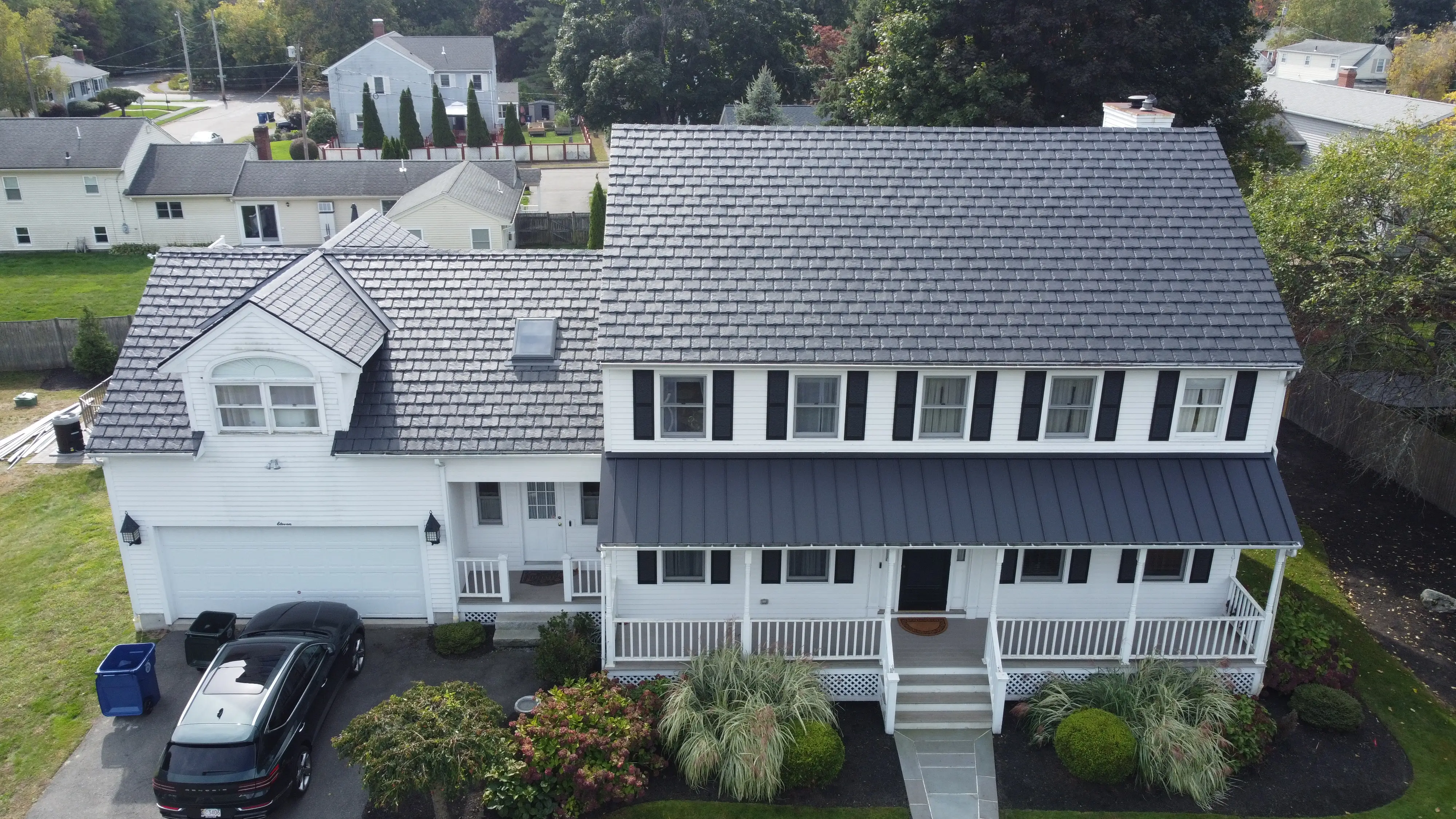 Front elevation view of new roof installation