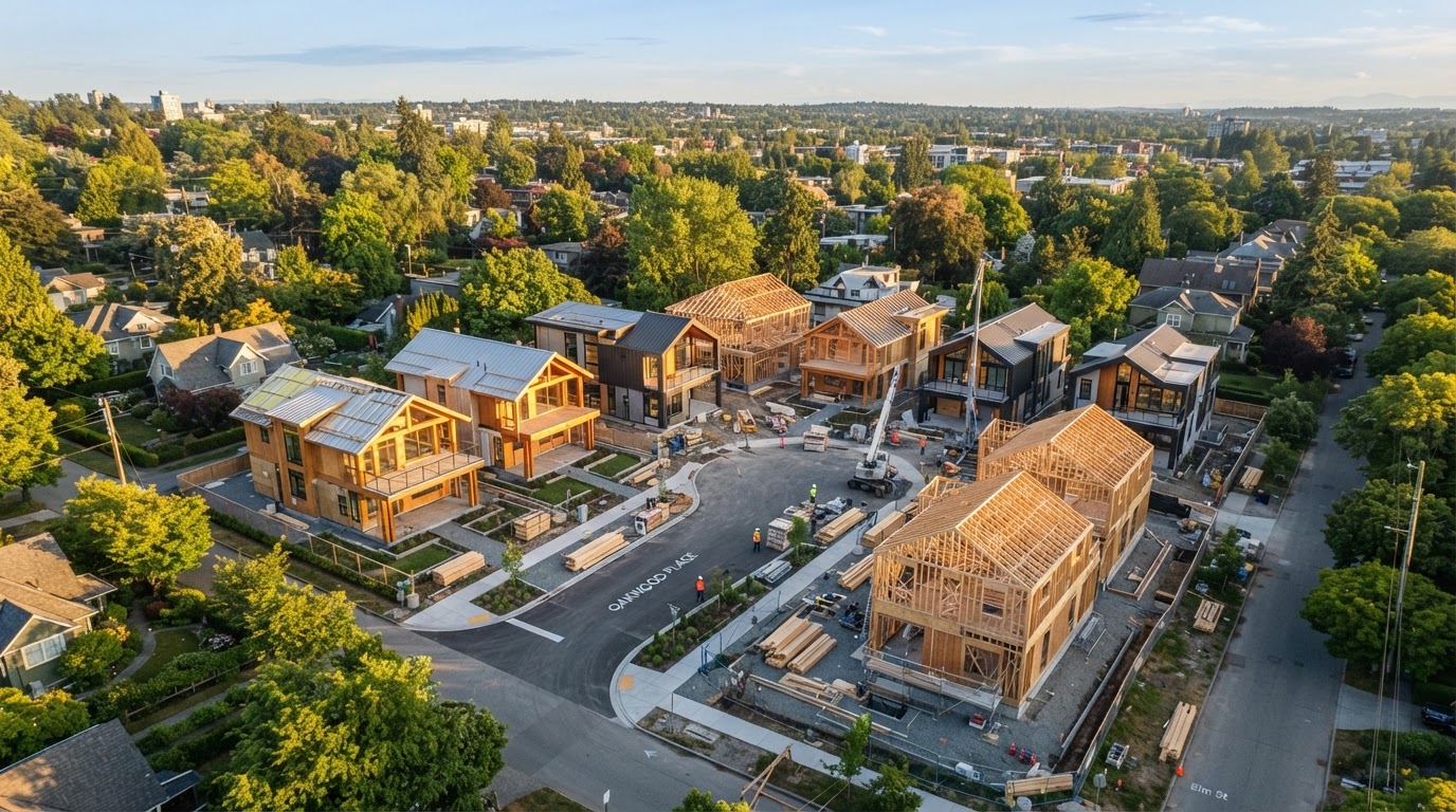 Aerial view of an organized residential infill development site
