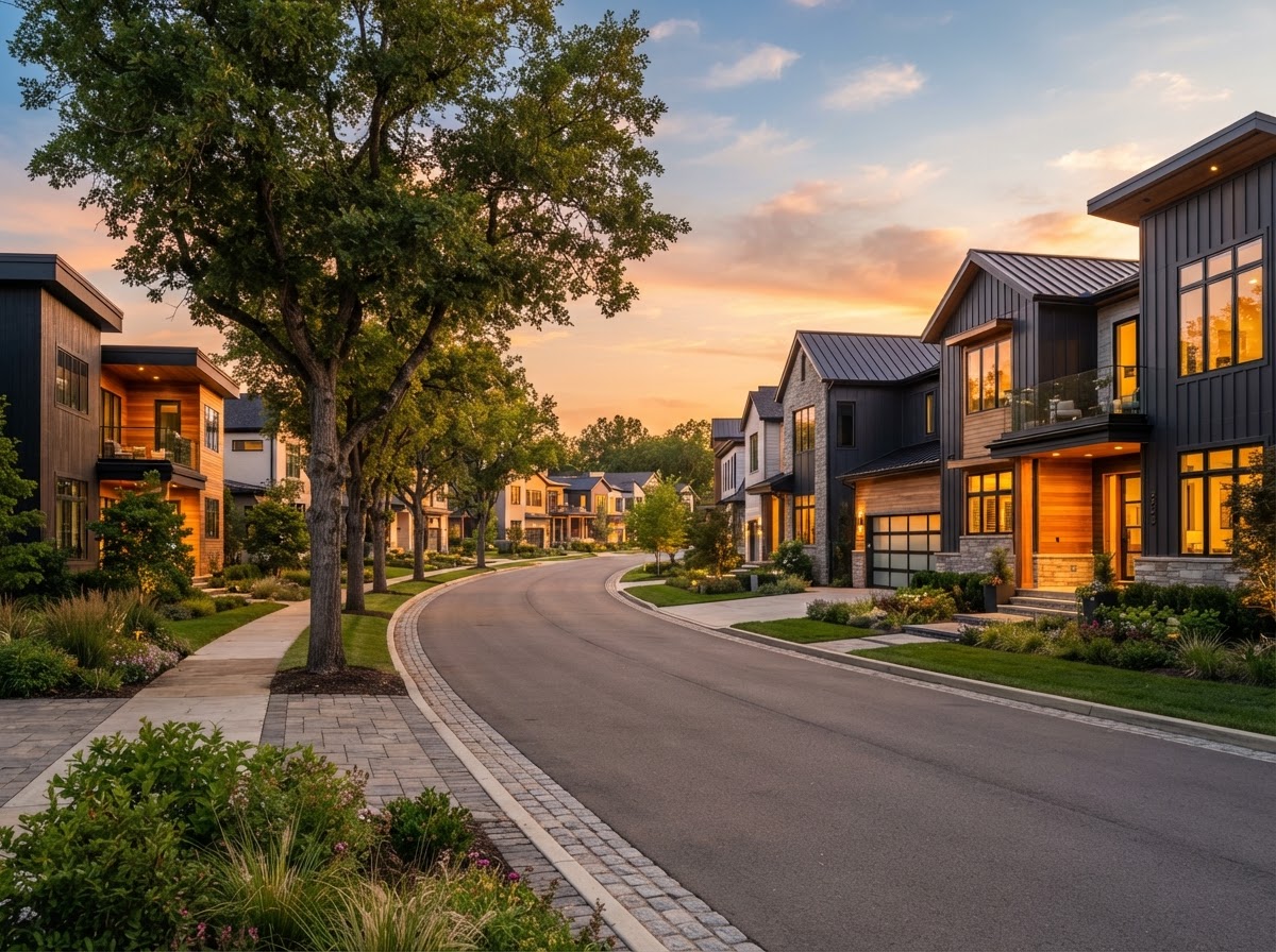 Elegant contemporary residential development street at golden hour