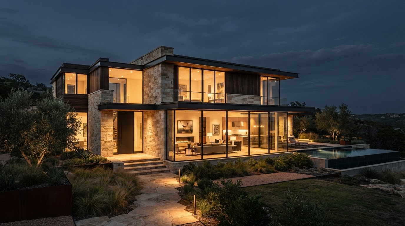 Modern luxury custom home at dusk with warm interior light
