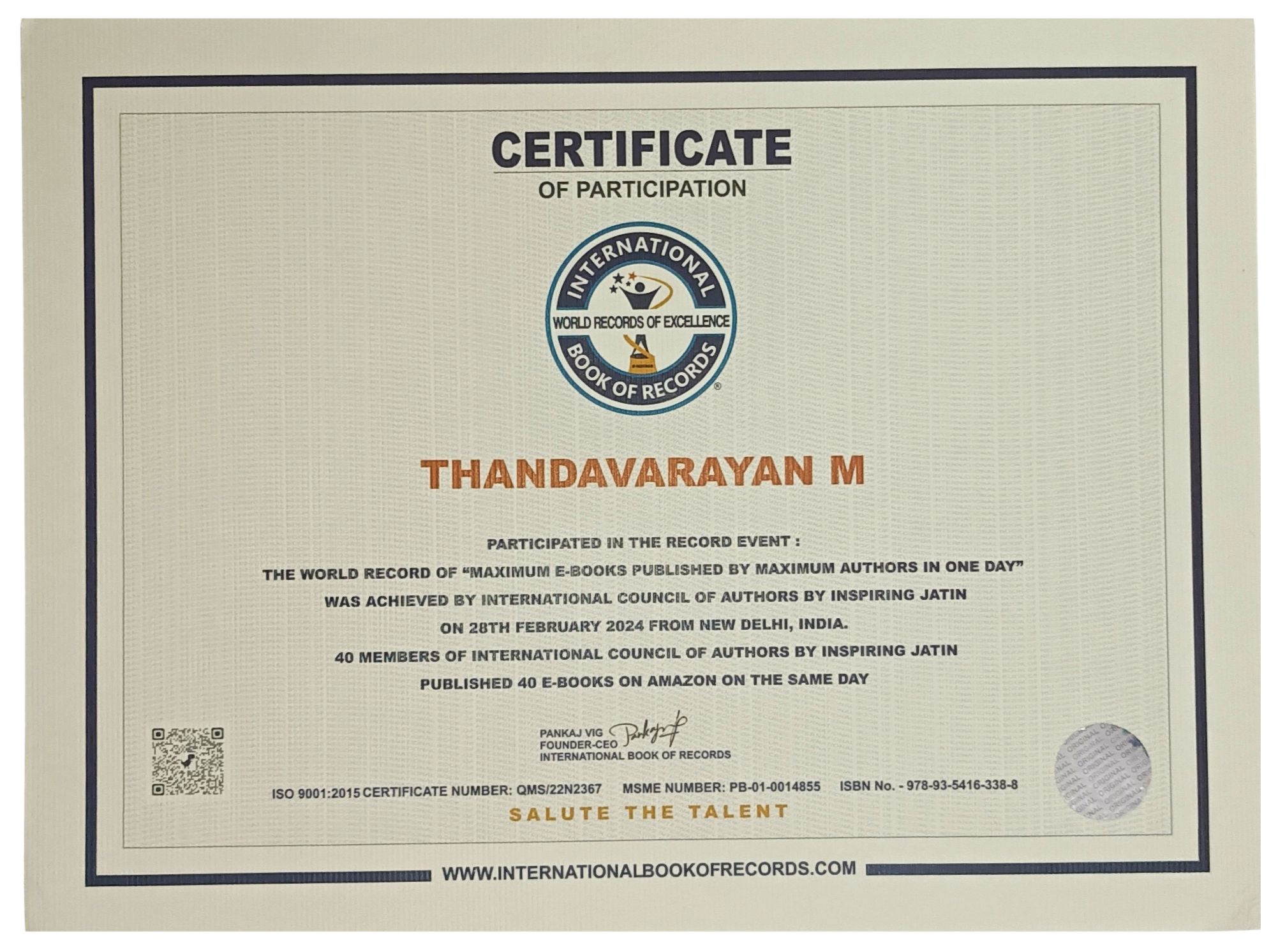 Official Certificate of Participation from International Book of Records awarded to Thandavarayan M. for the World Record in Maximum E-Books Published by Maximum Authors in One Day