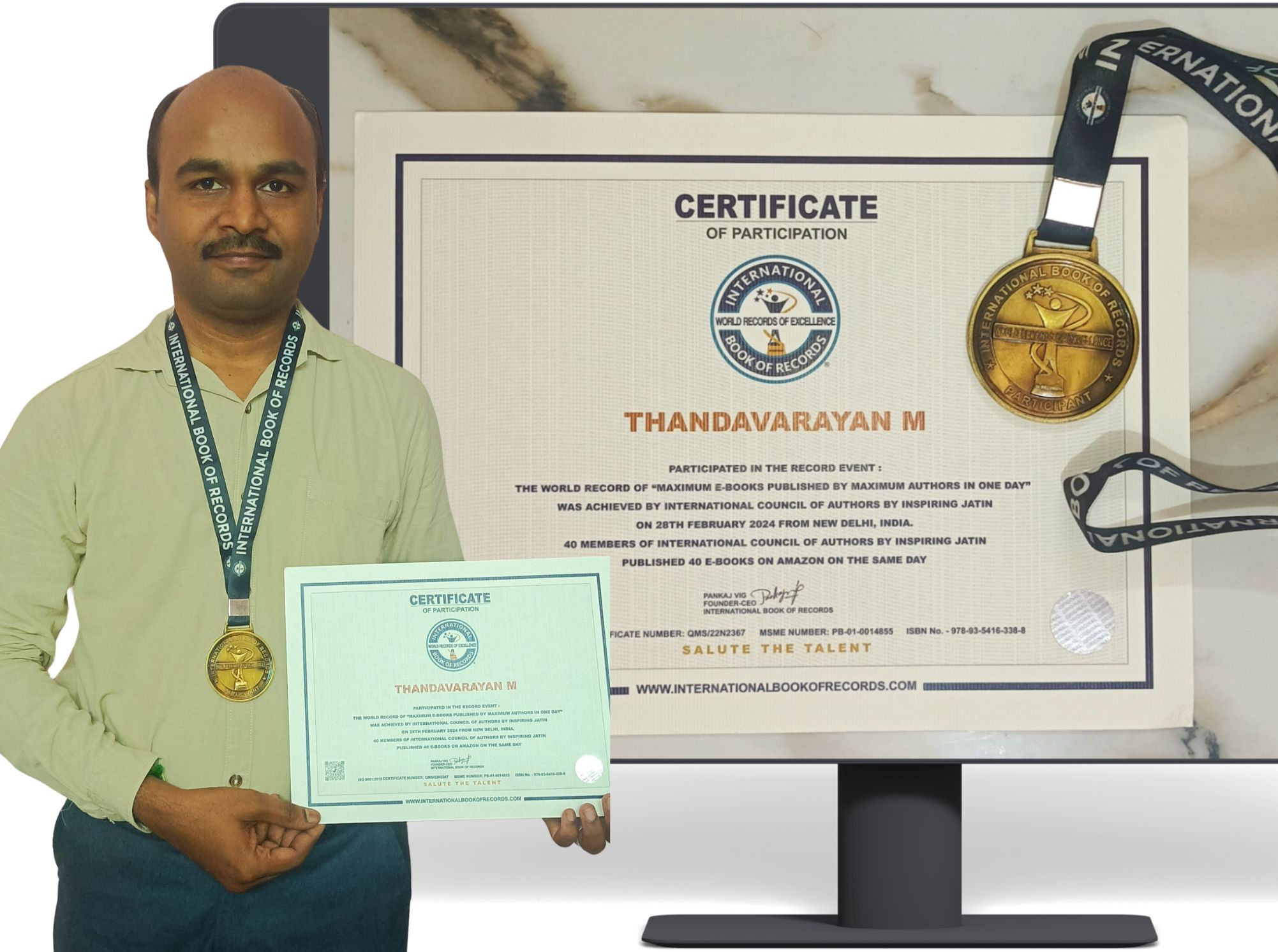 Thandavarayan M. with International Book of Records Certificate & Medal for World Record in Maximum E-Books Published in One Day