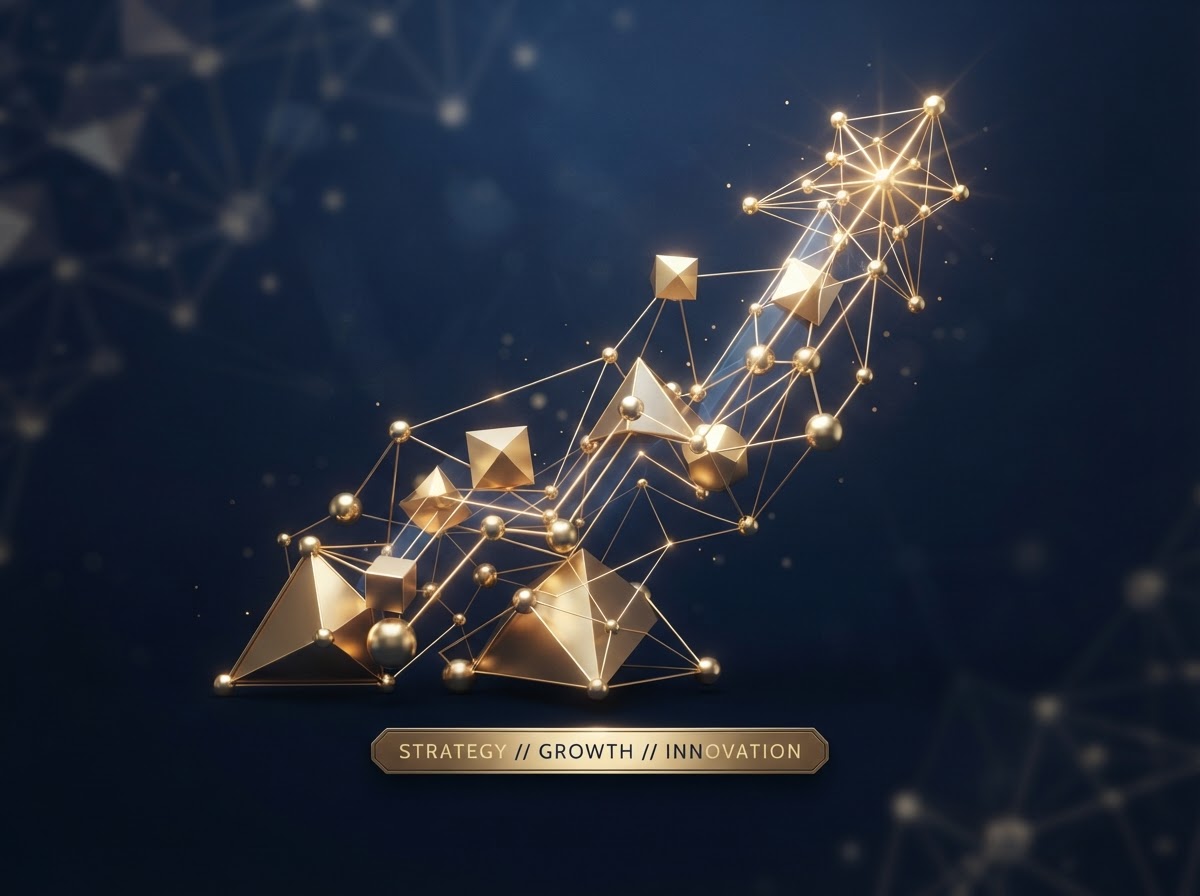 Abstract network of interconnected golden nodes representing business strategy