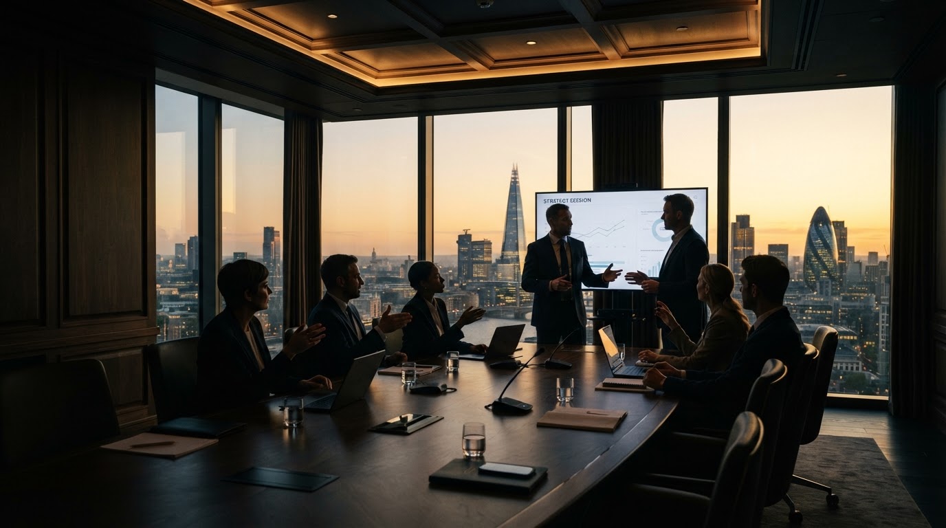 Business consultants strategizing in a modern boardroom overlooking a city skyline