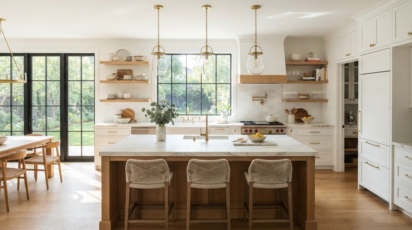 A bright, freshly renovated modern kitchen with warm wood and brass accents