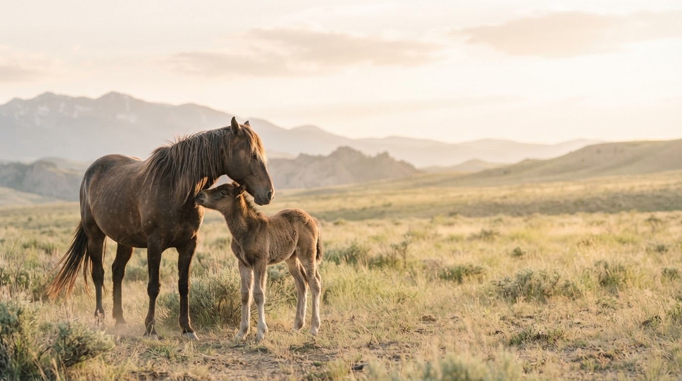A wild mare standing close beside her foal on a sunlit western rangeland at golden hour