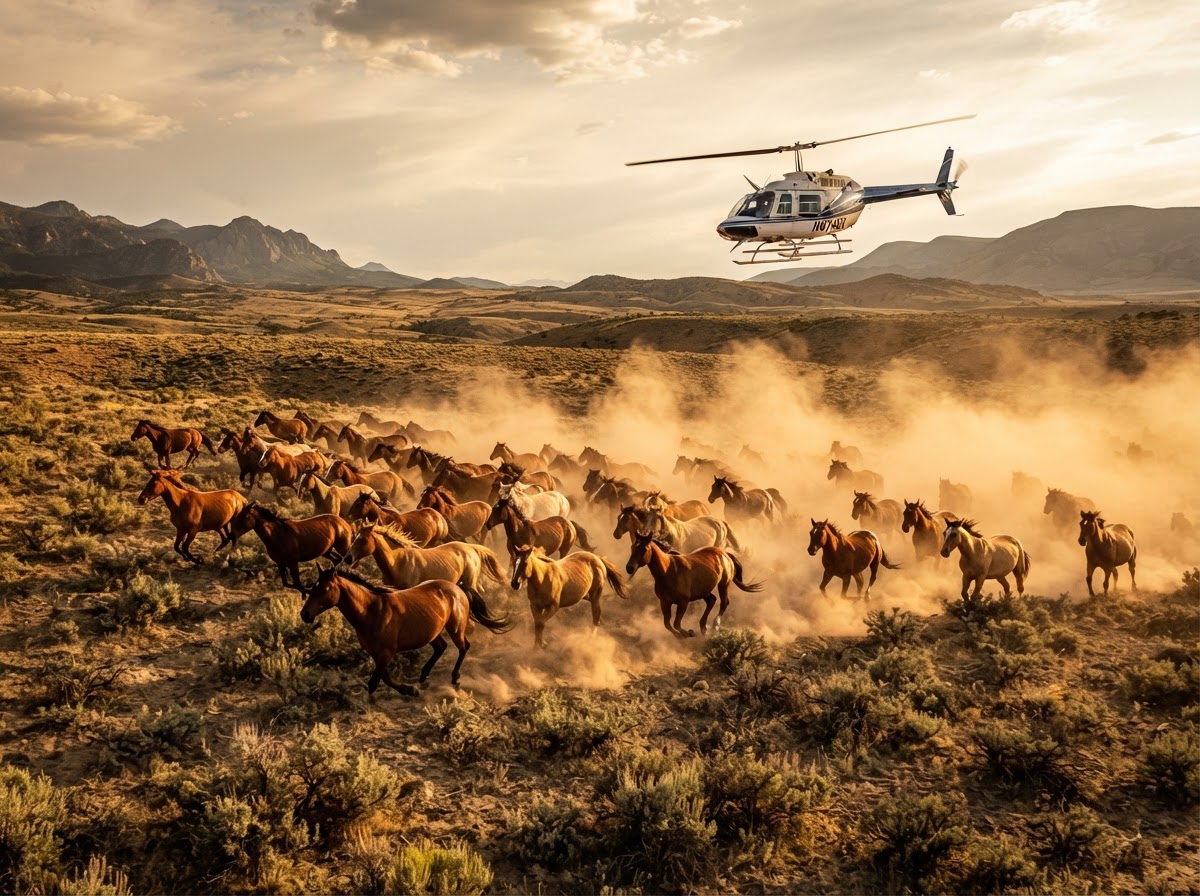 Low flying helicopter pursuing wild horses across the range