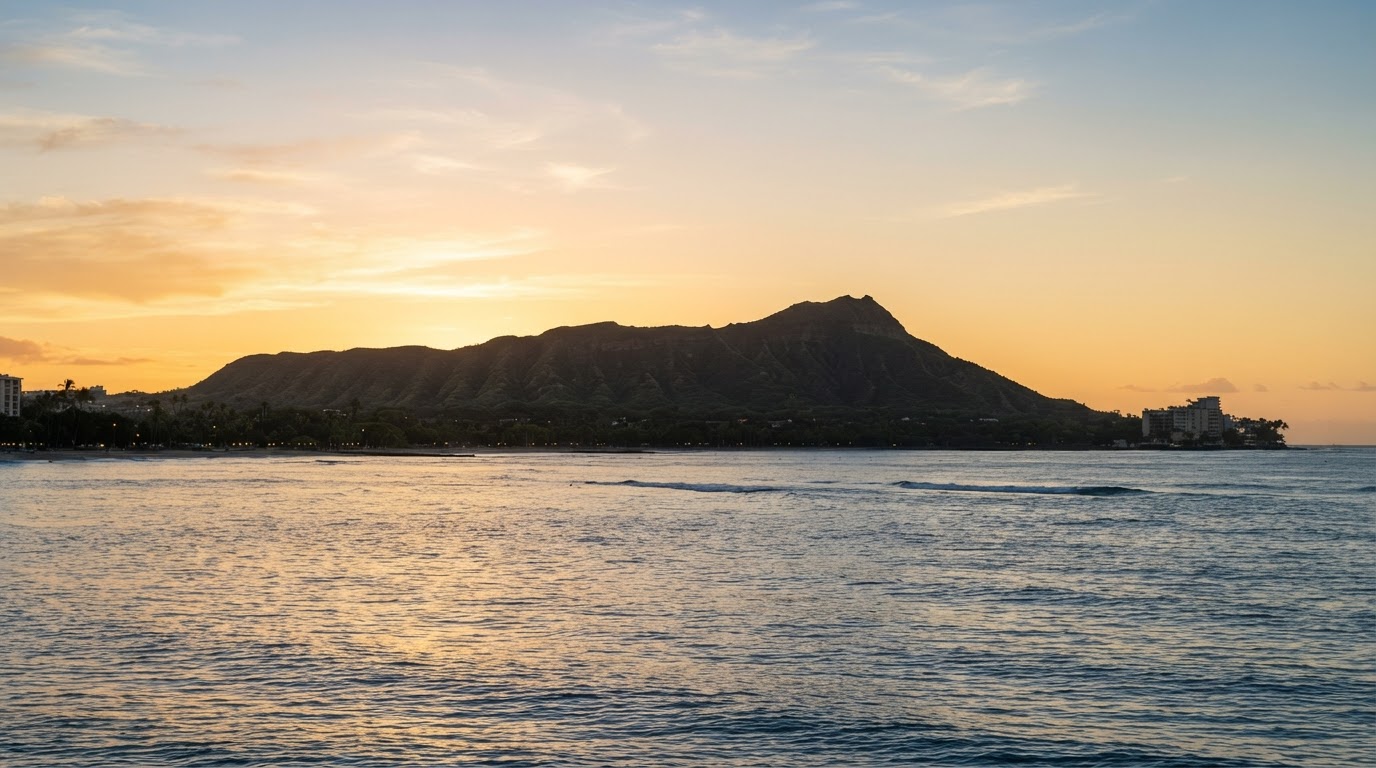Diamond Head crater, Honolulu, at golden hour — the signature view of Growing Good