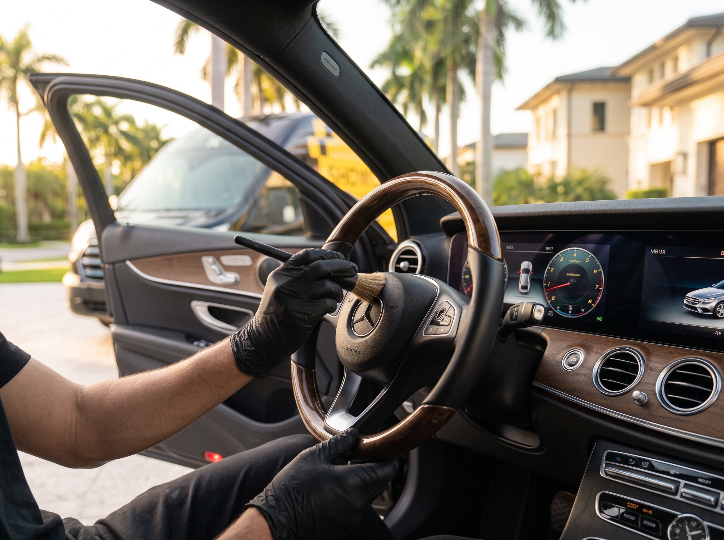 ShowCar technician delicately detailing Mercedes wood-grain steering wheel and interior console