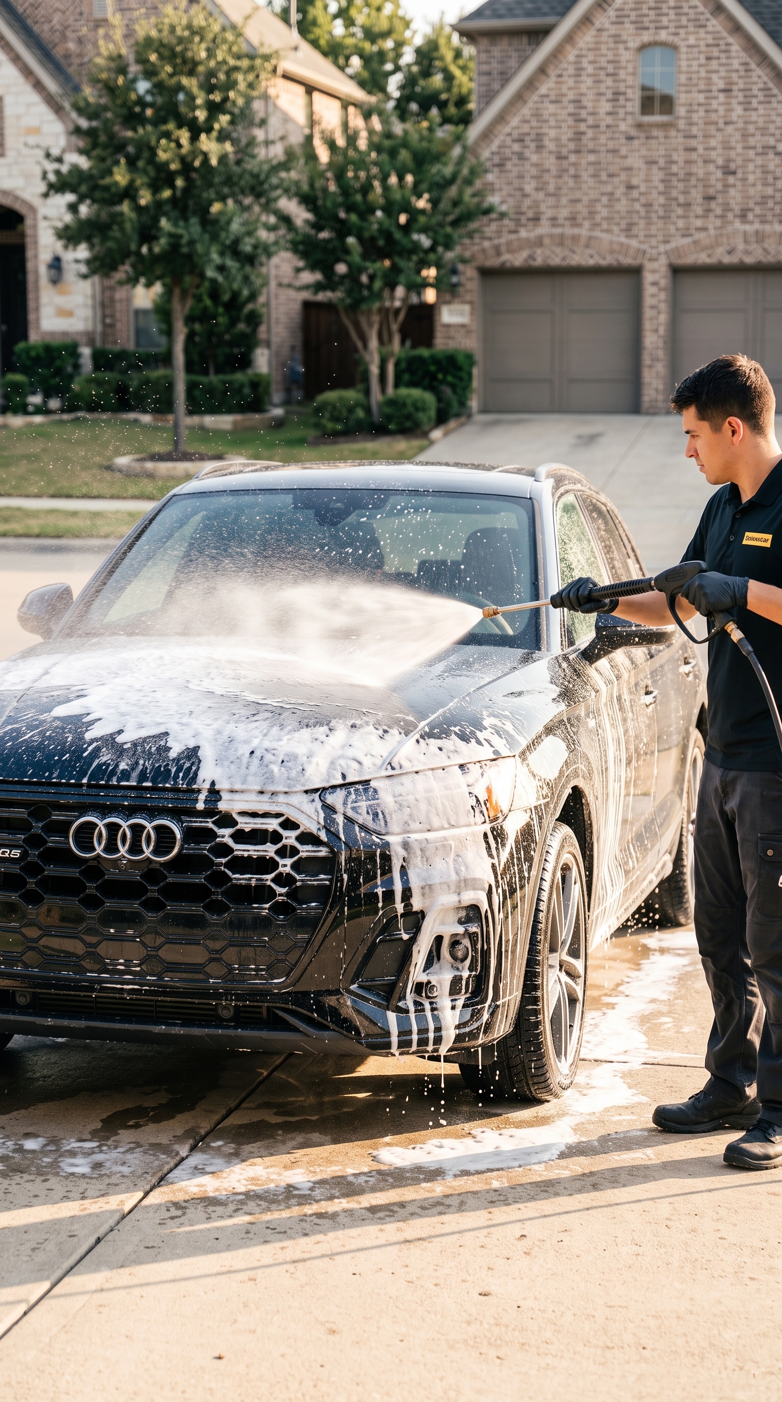 Technician applying foam cannon wash to Audi