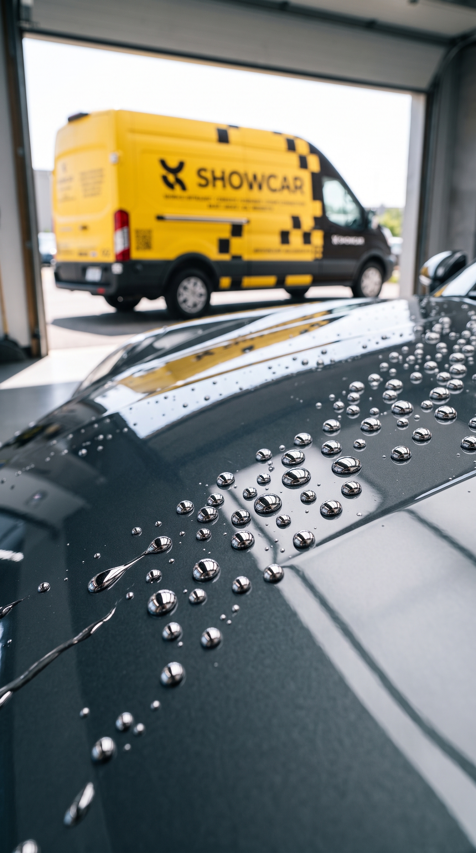 Extreme hydrophobic water beading on hood with ShowCar mobile detailing van in background