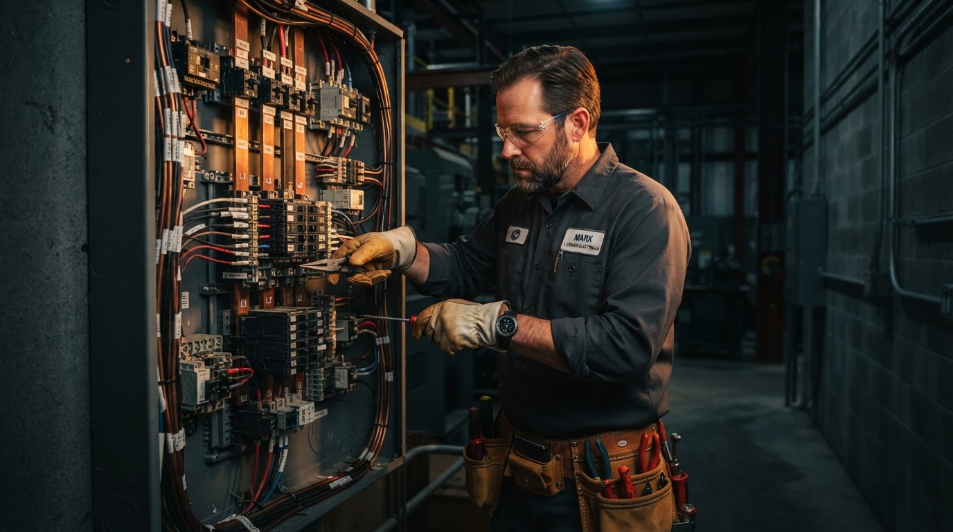 Electrician servicing an industrial electrical panel