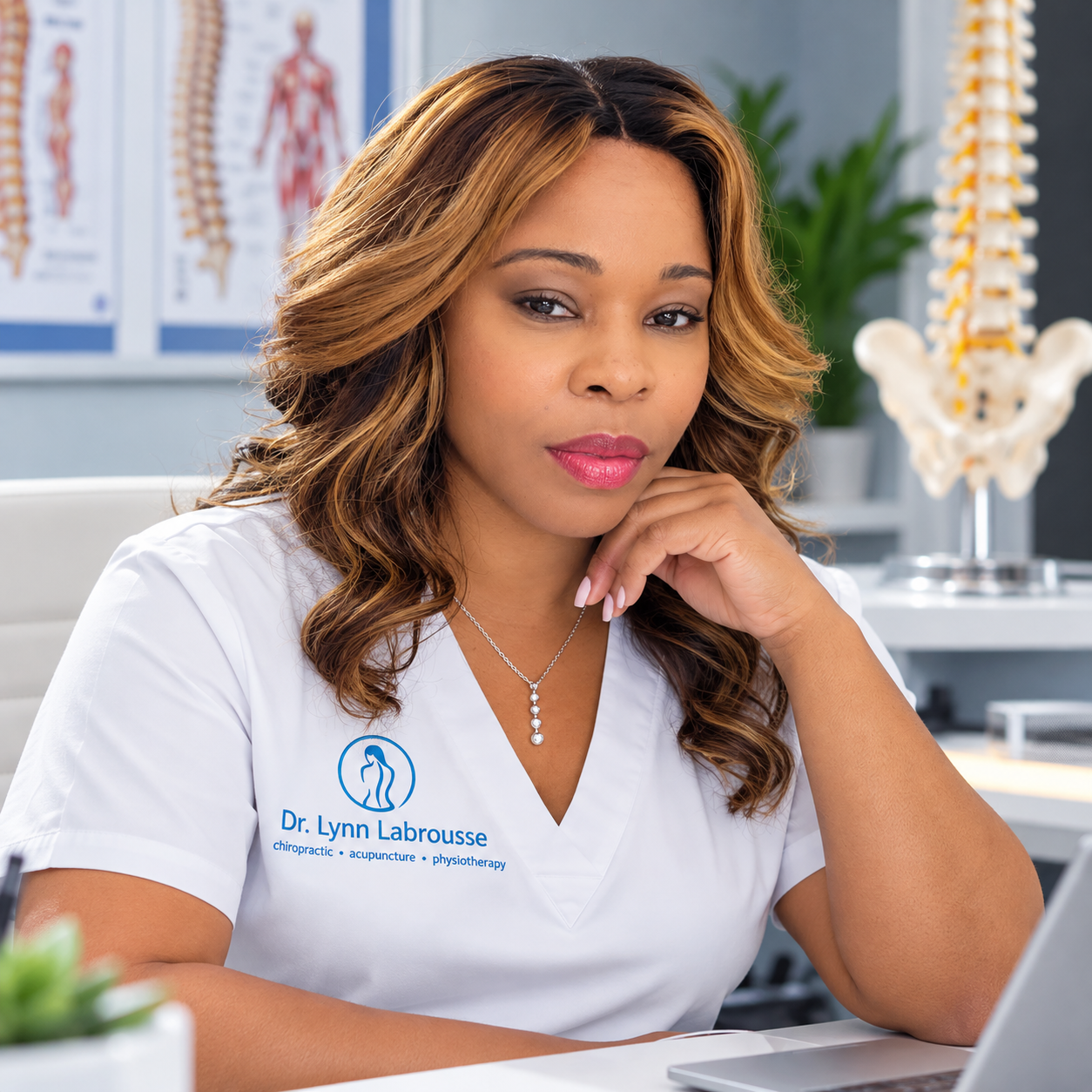 Dr. Lynn Labrousse, D.C. in professional white scrubs at Spinal Connection