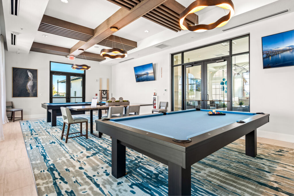 Clubhouse game lounge with pool table