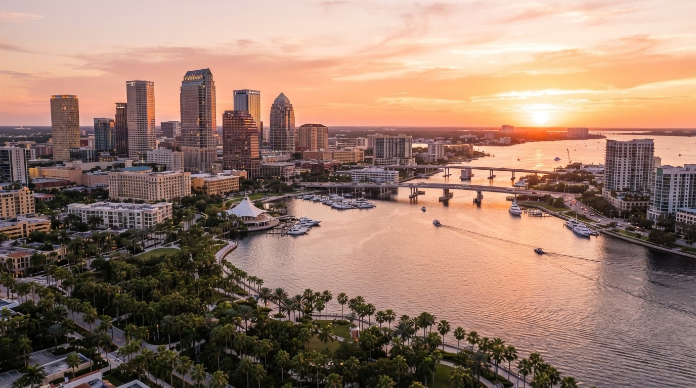 Tampa Bay waterfront skyline at golden hour