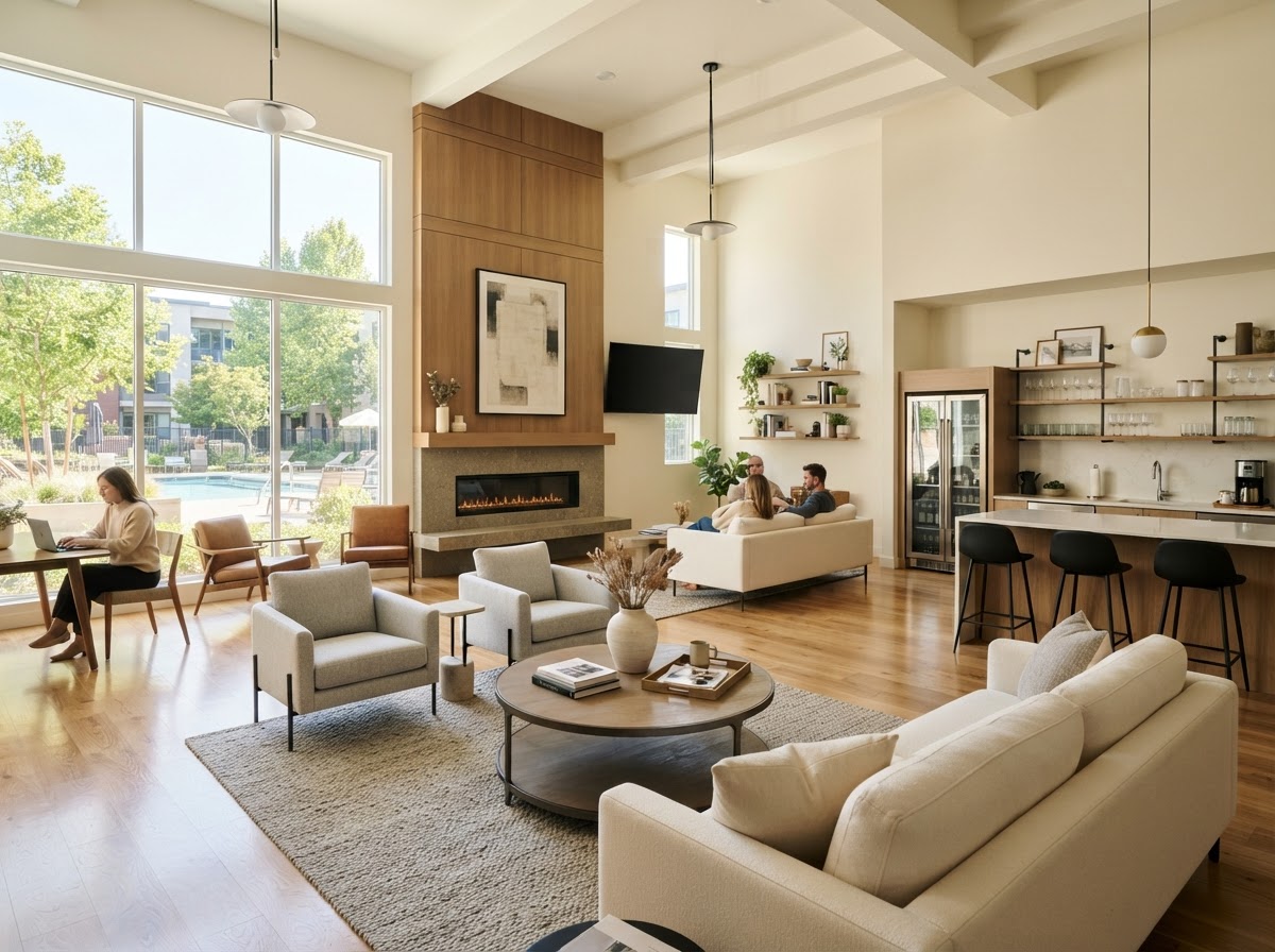 A clean apartment community clubhouse lounge