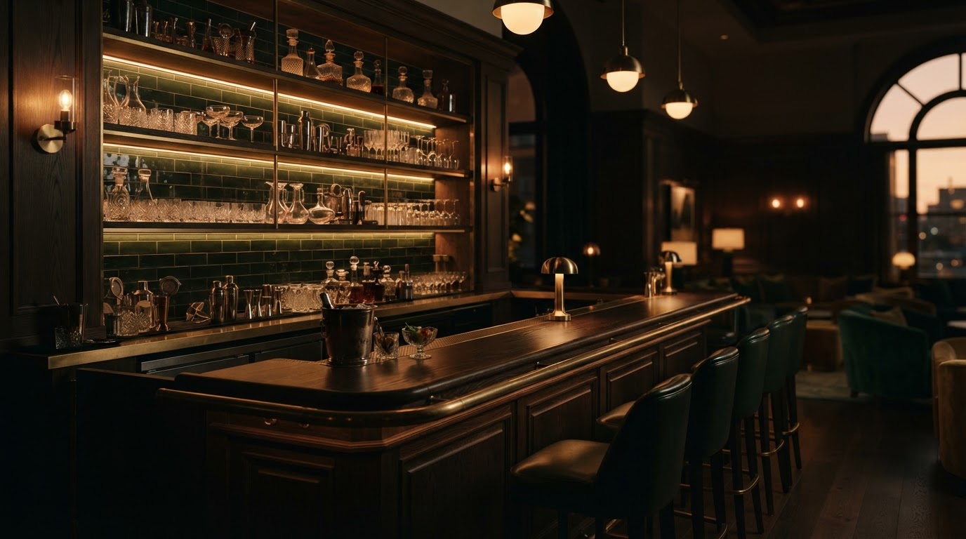 Atmospheric evening view of an elegant, unbranded hotel bar with warm low lighting