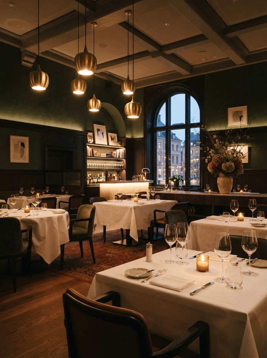 Warm, candlelit interior of an upscale restaurant dining room at evening
