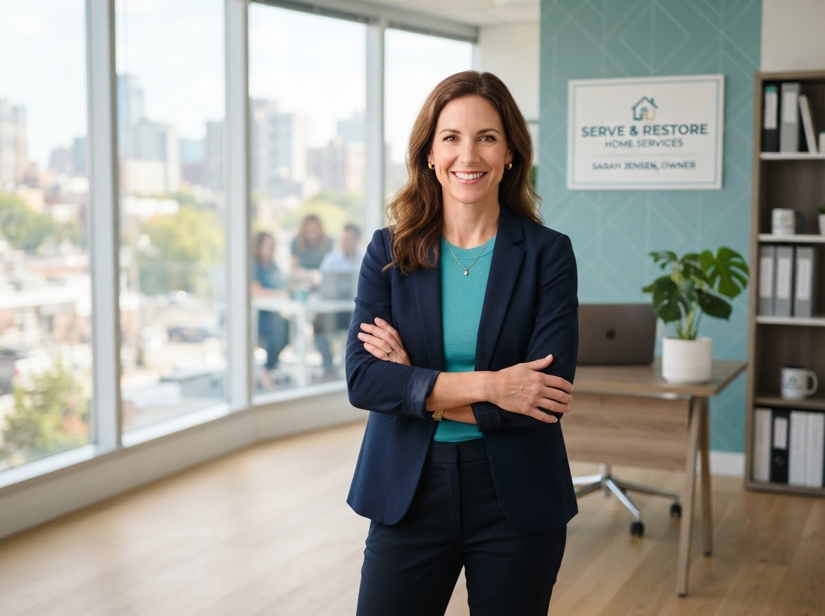 A confident home services business owner, representing a trusted, growing reputation