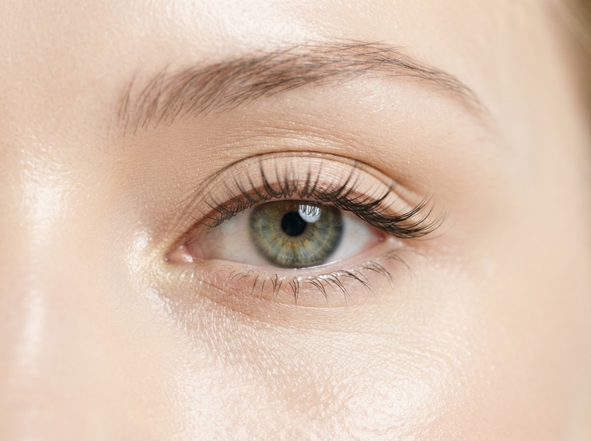 Close-up of a natural lash set lengthening the eye on fair skin