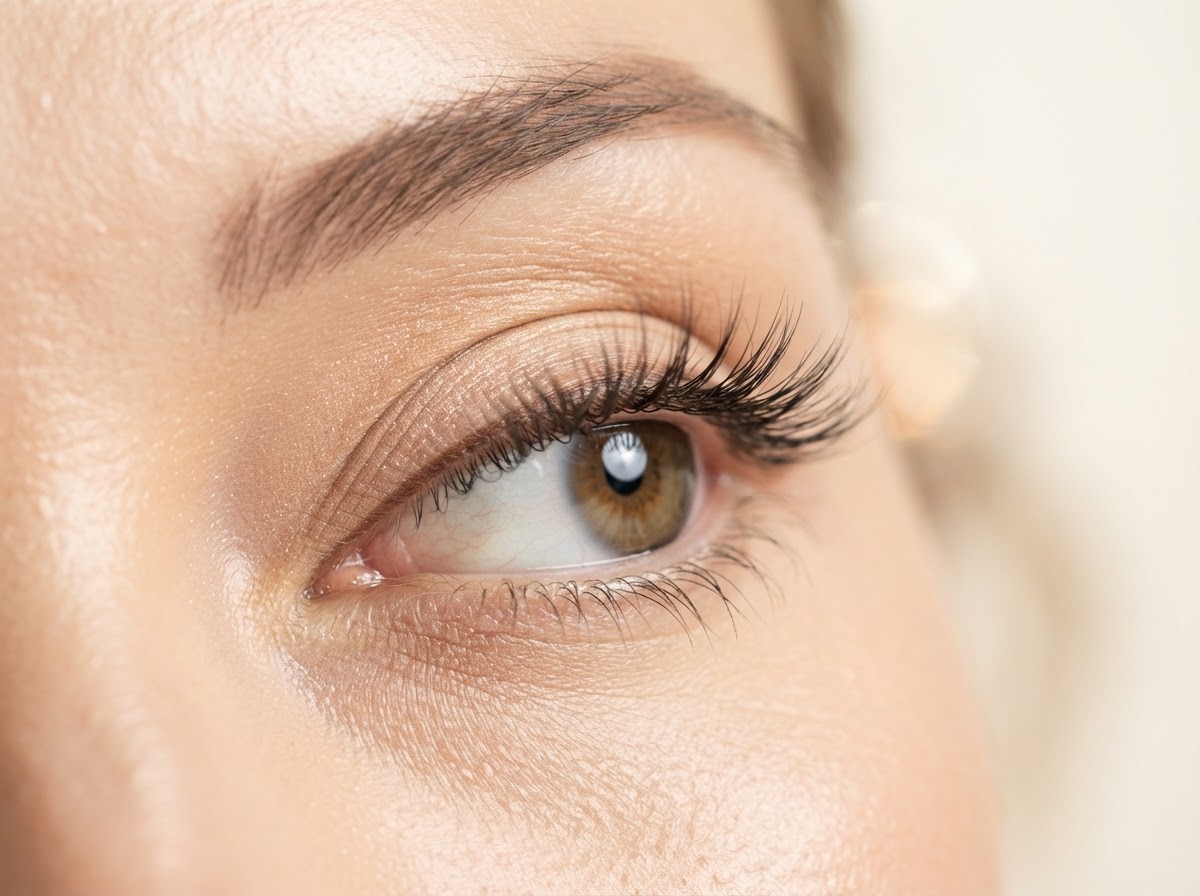 Close-up of a soft wispy cat-eye lash set, longer at the outer corner